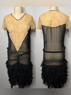 vintage 1920s dress Antique Black Silk Chiffon Lace Flapper Dress Sz S